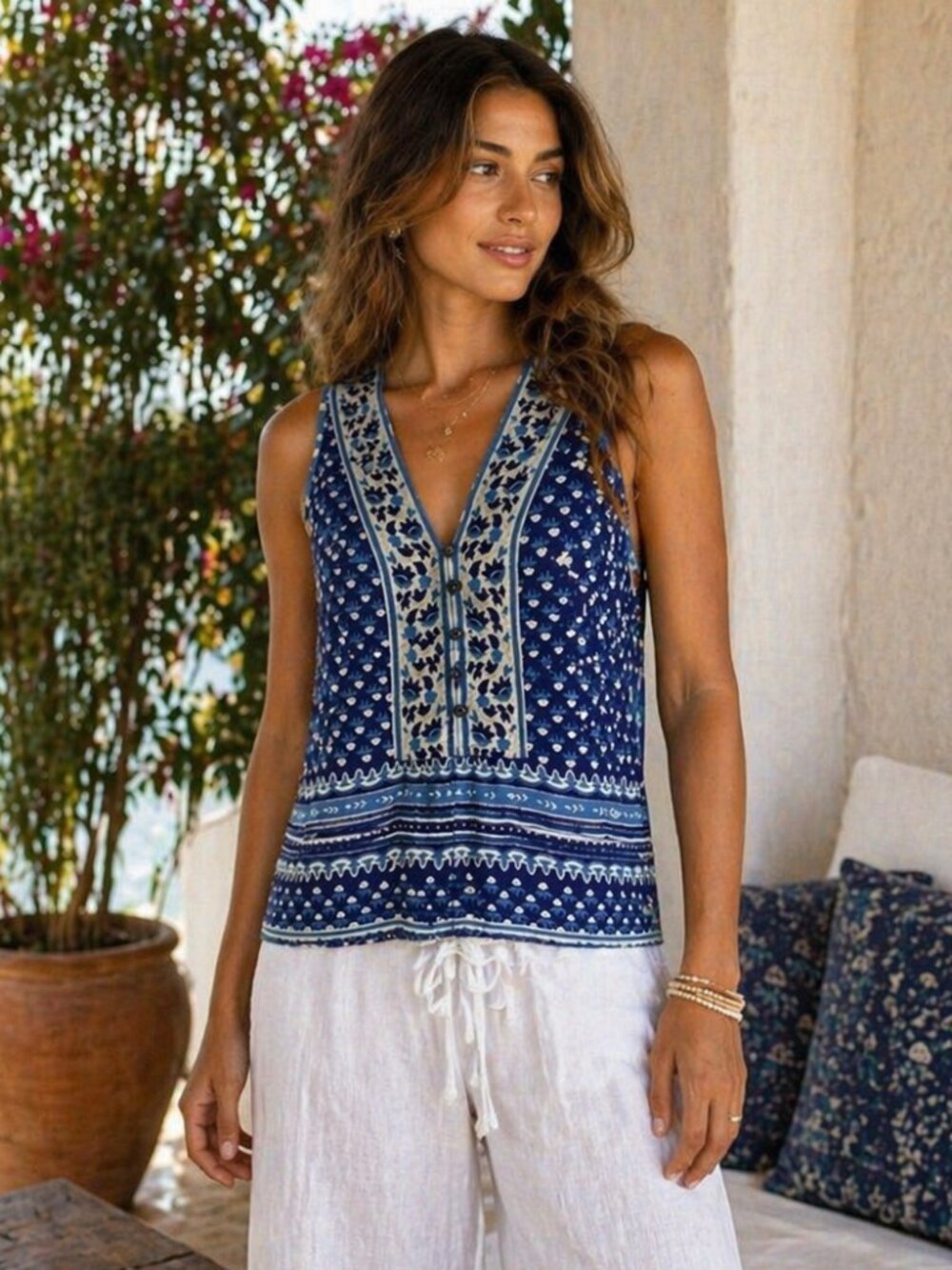 Calypso St Barth Boho Tank Top Blue White Cotton Racerback XS